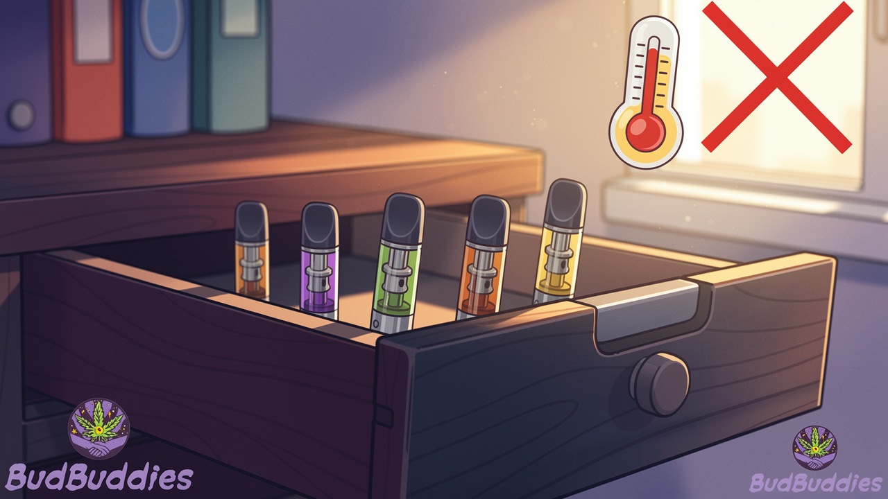 Cartoon showing correct storage of vape products in cool dark place