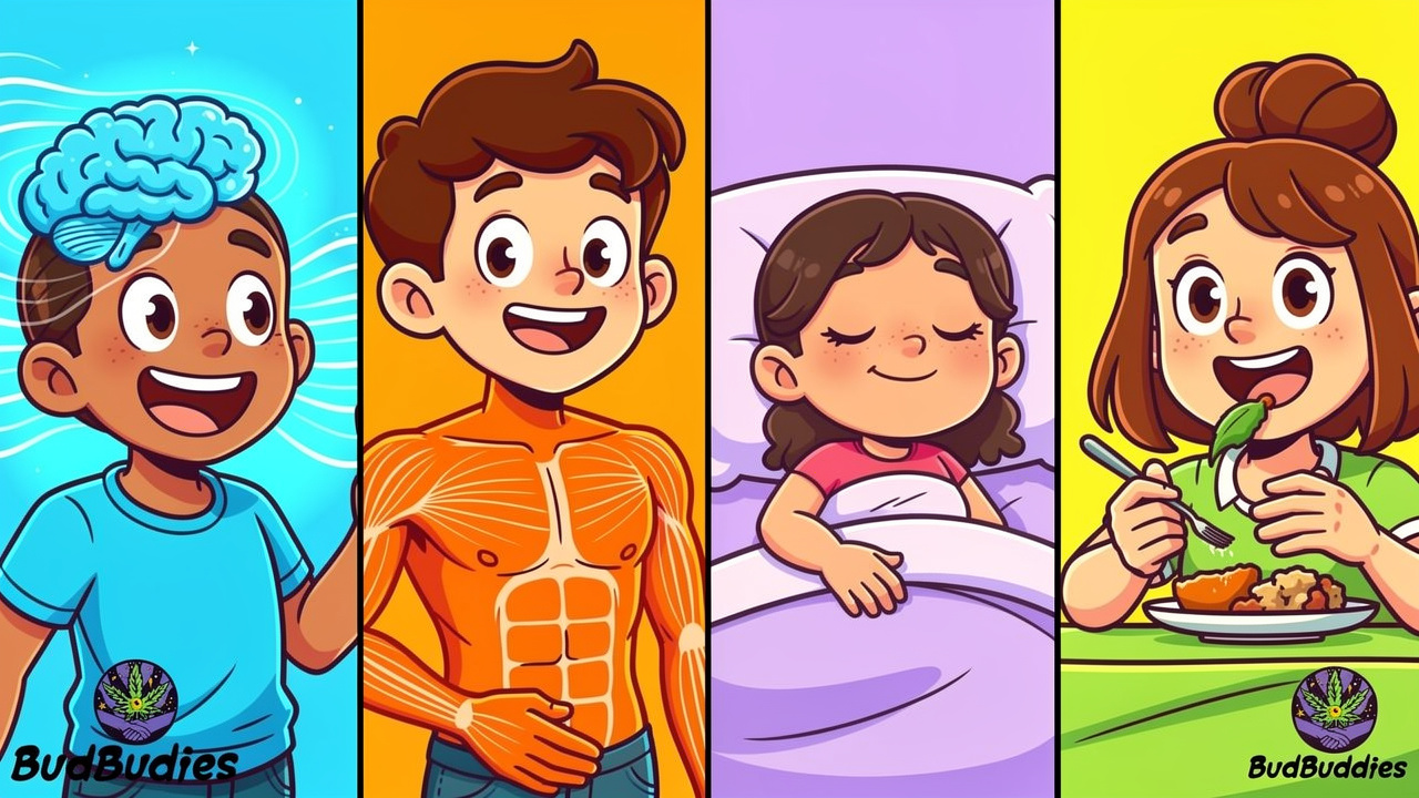Cartoon sections showing epilepsy, spasticity, pain relief, and nausea benefits