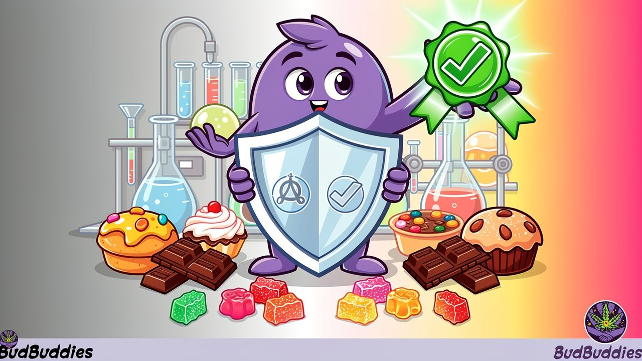 Character proudly displaying quality guarantee for discount edibles