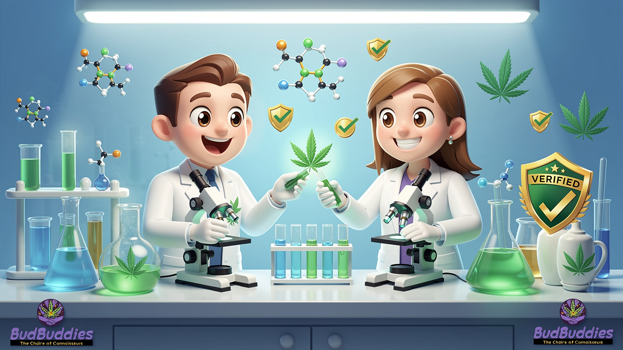 Friendly cartoon characters performing lab tests on cannabis products