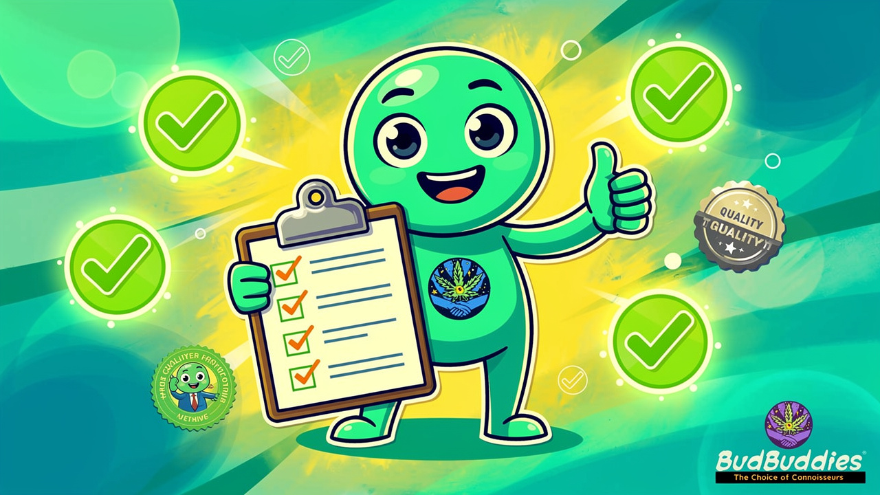 Animated character confirming quality checks with checkmarks and badges