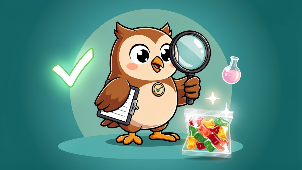 Cartoon owl inspecting quality edible packaging with magnifying glass