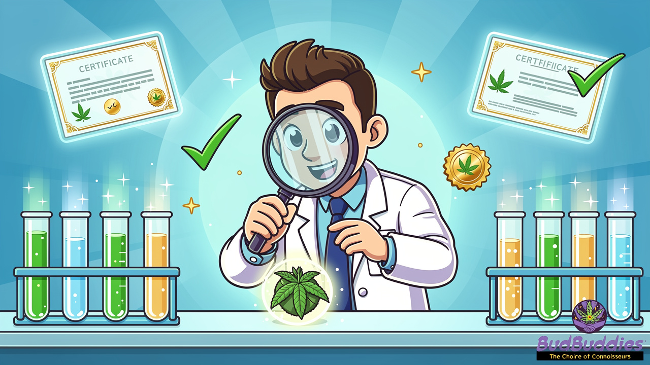 Cartoon scientist verifying cannabis product quality through lab testing