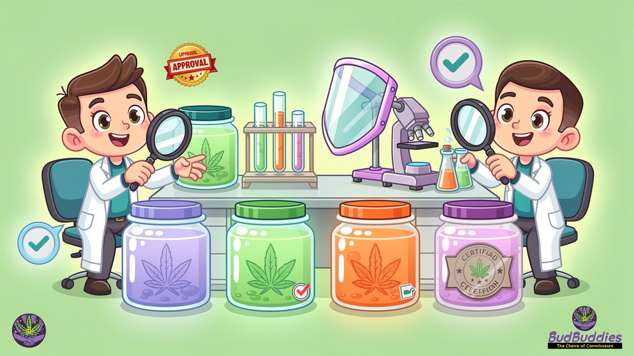 Cartoon quality assurance scene with testing badges and verification symbols