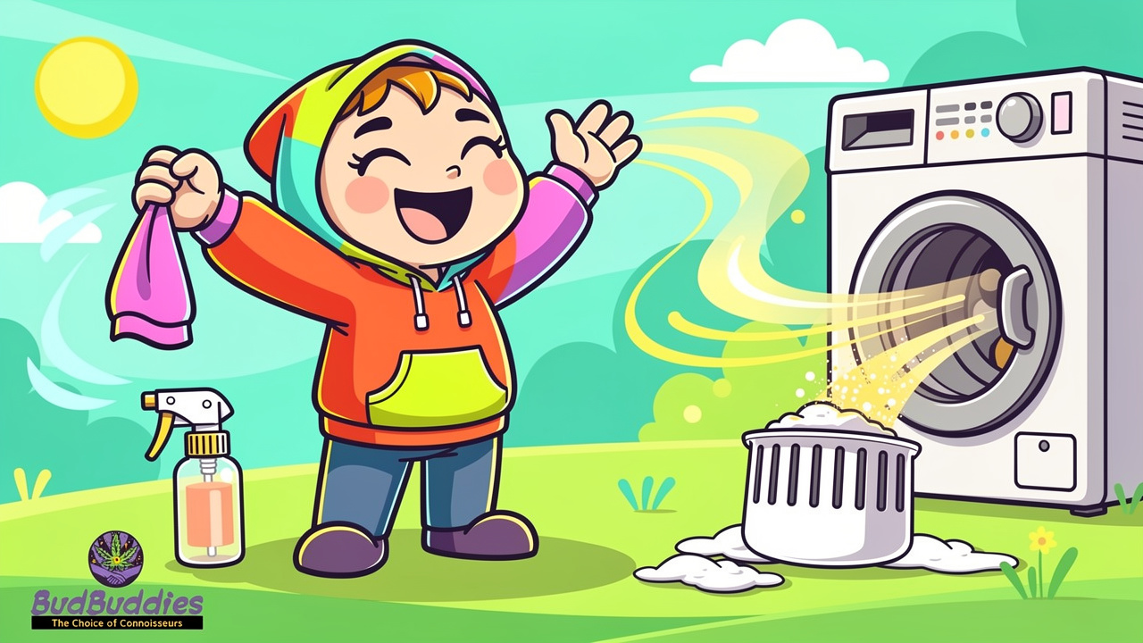 Cartoon character using quick fixes to remove clothing odour