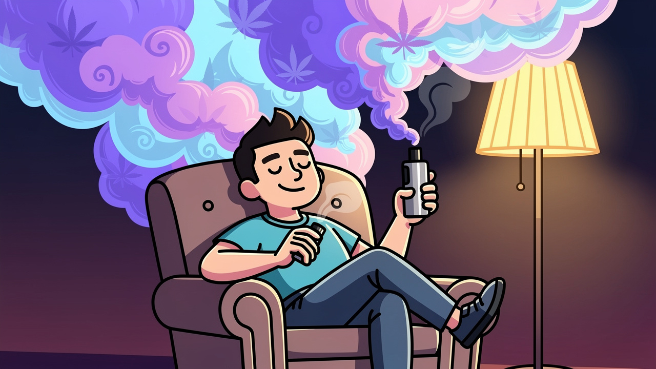 Cartoon character relaxing with vaporiser at high temperature setting