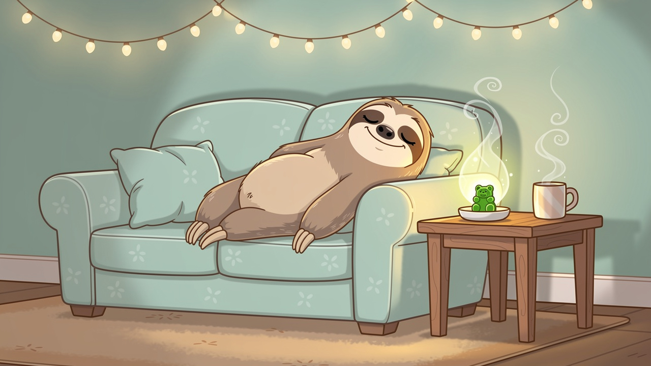 Cartoon sloth relaxing with a low dose edible at home