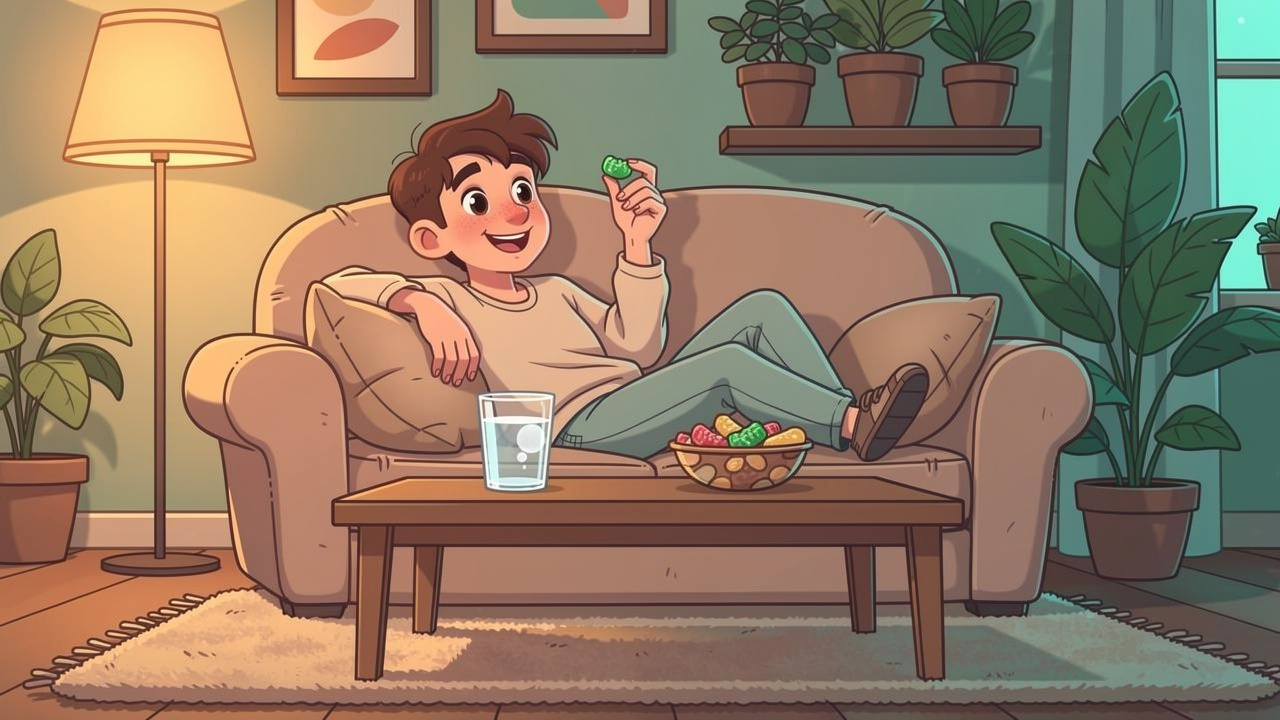 Cartoon character enjoying cannabis edible responsibly at home