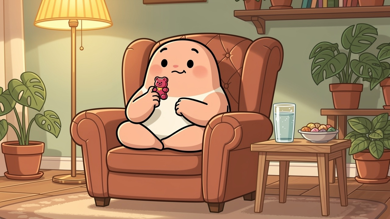 Cartoon character practising responsible cannabis use at home