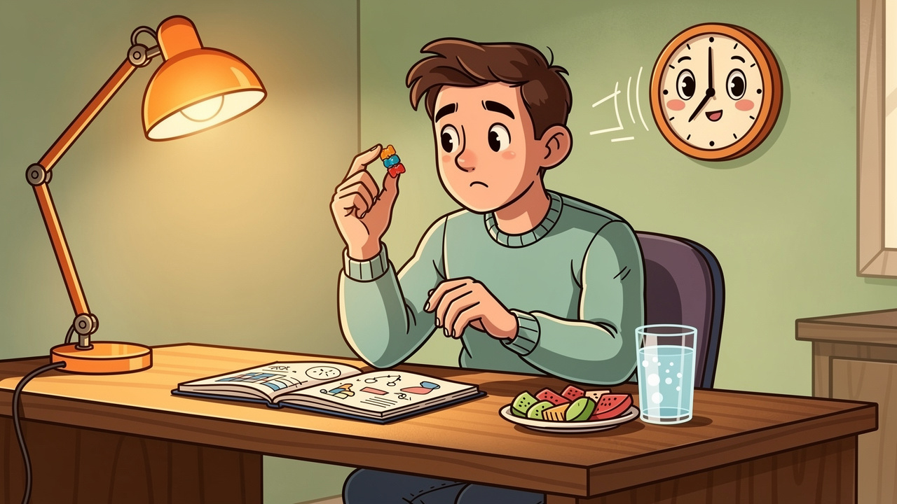 Cartoon student responsibly dosing cannabis edible in dorm room