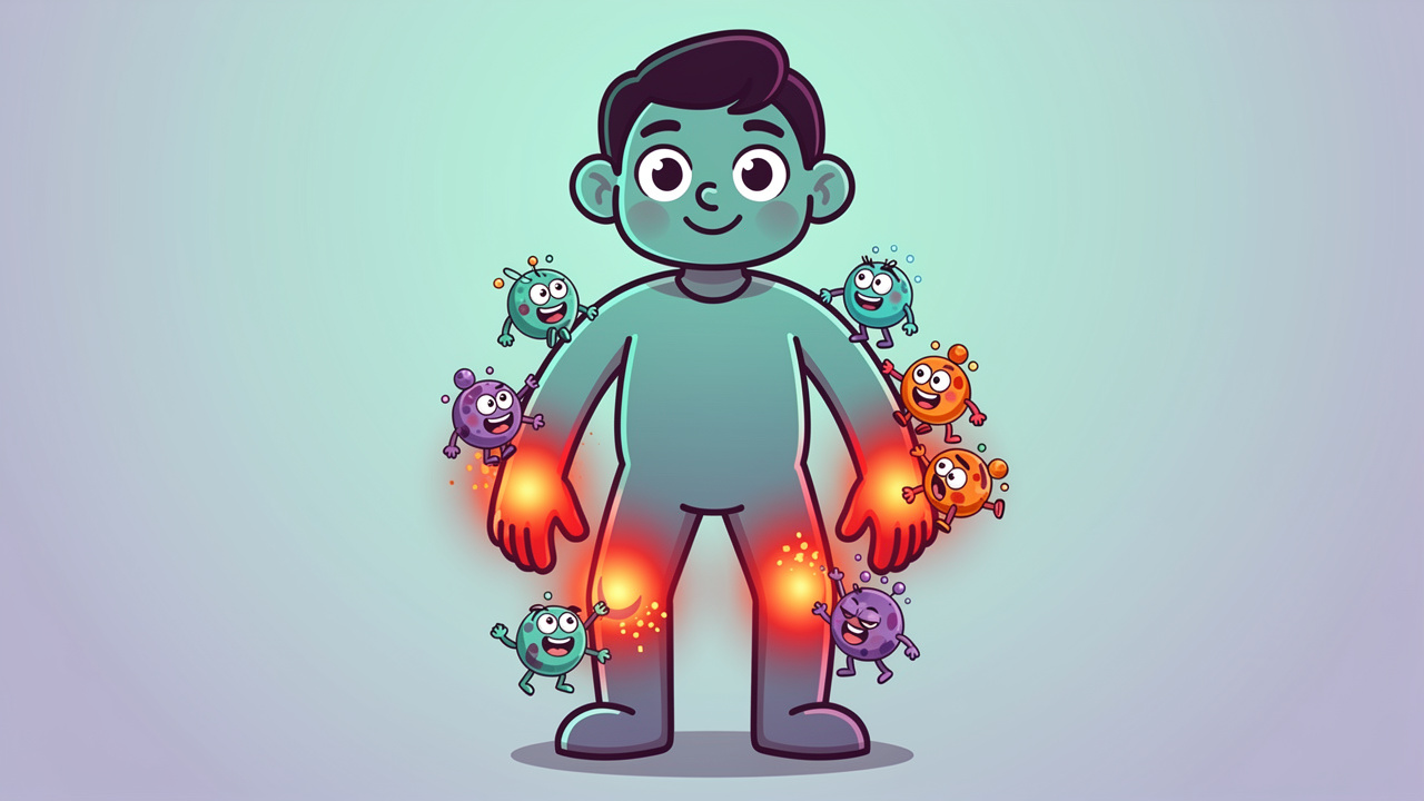 Cartoon illustration of rheumatoid arthritis affecting joints in the body