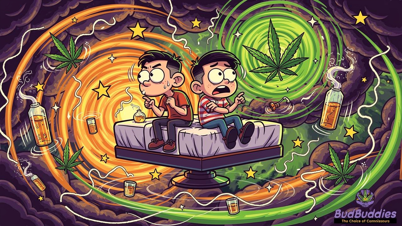 Cartoon characters experiencing effects of mixing weed and alcohol