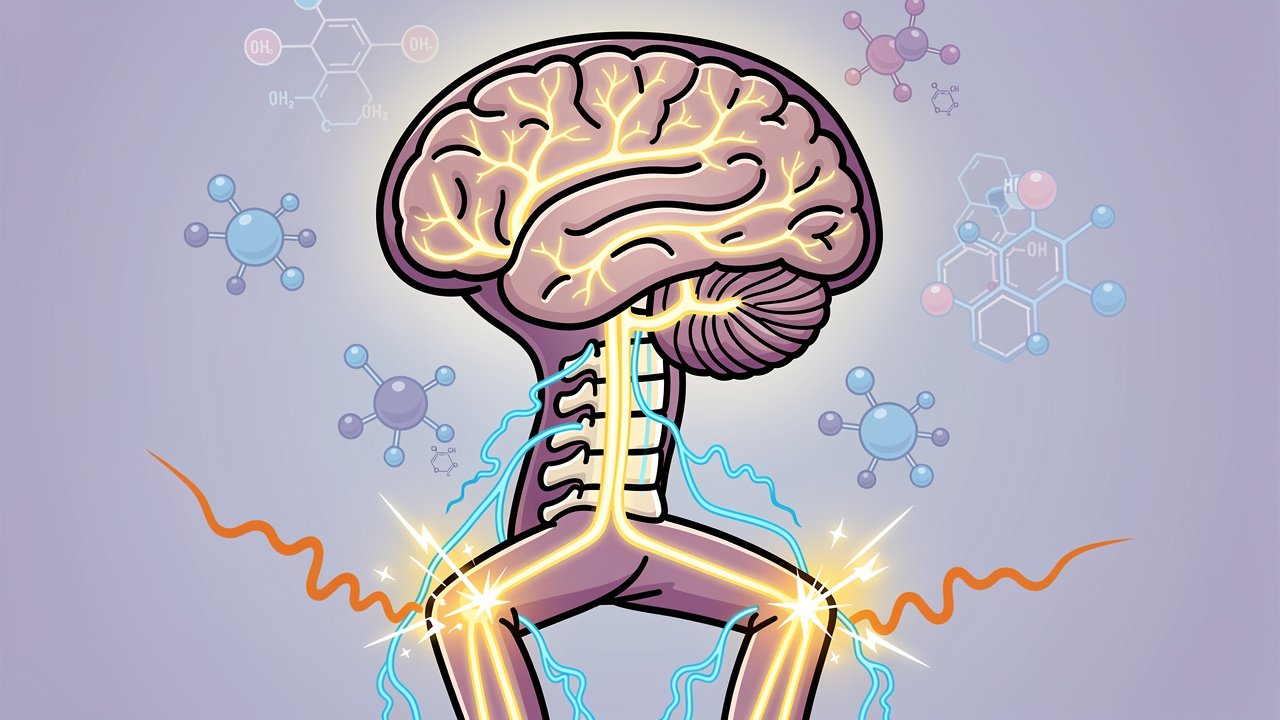 Cartoon brain showing dopamine pathways connected to restless legs