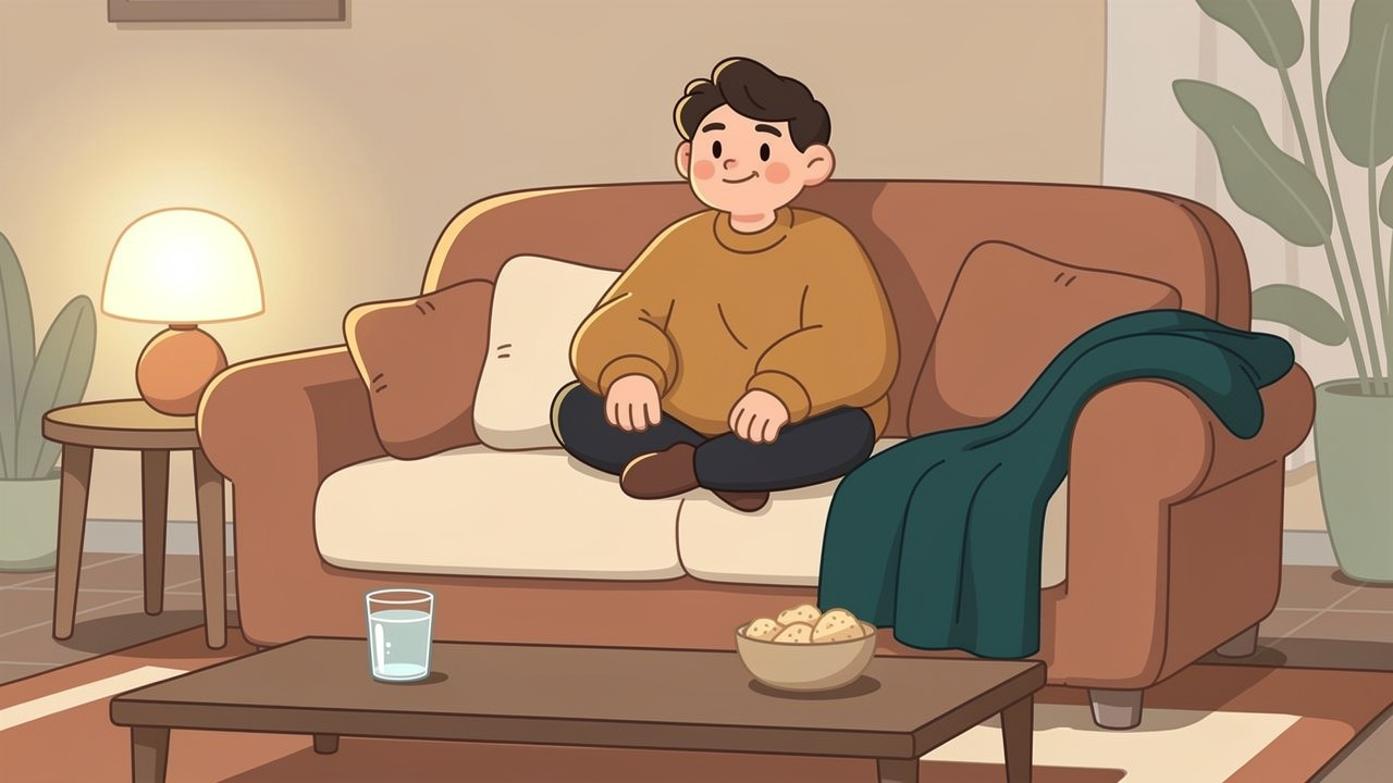 Cartoon character relaxing safely at home with cannabis tips