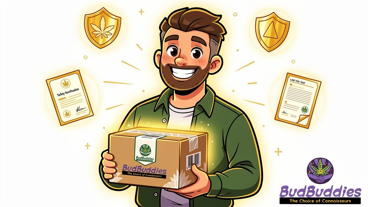 Cartoon illustration of satisfied customer with verified safe cannabis product