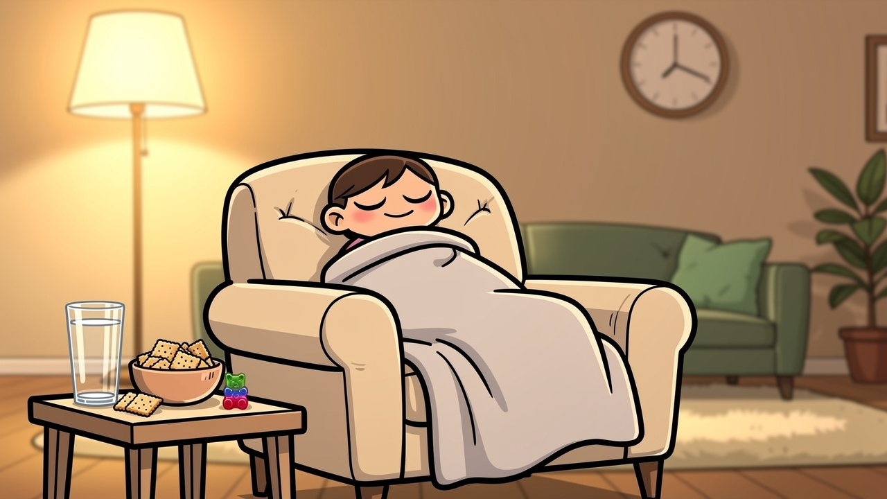 Cartoon character relaxing safely and comfortably after taking edibles