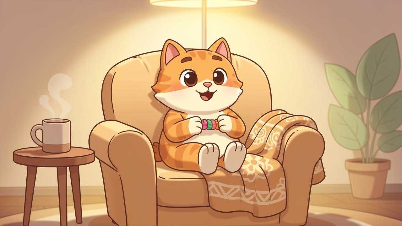 Cartoon cat relaxing safely at home with first edible