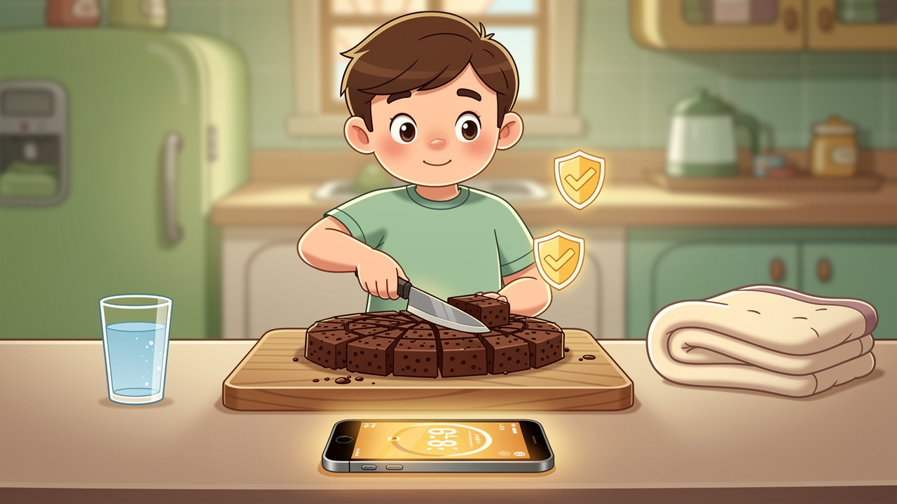 Cartoon character safely dividing edible brownie into portions