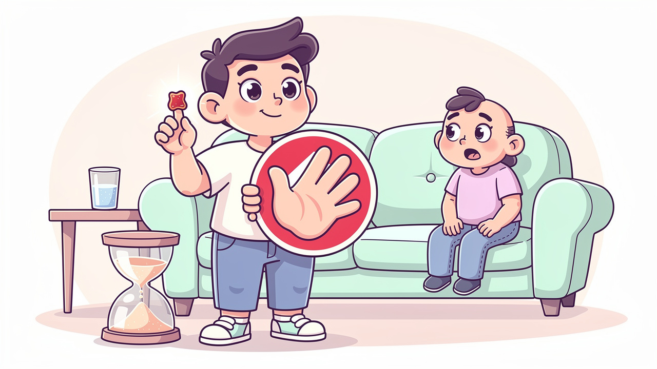 Cartoon character demonstrating safe edible dosing and patience