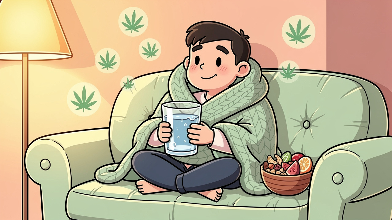 Cartoon character relaxing safely with water and snacks