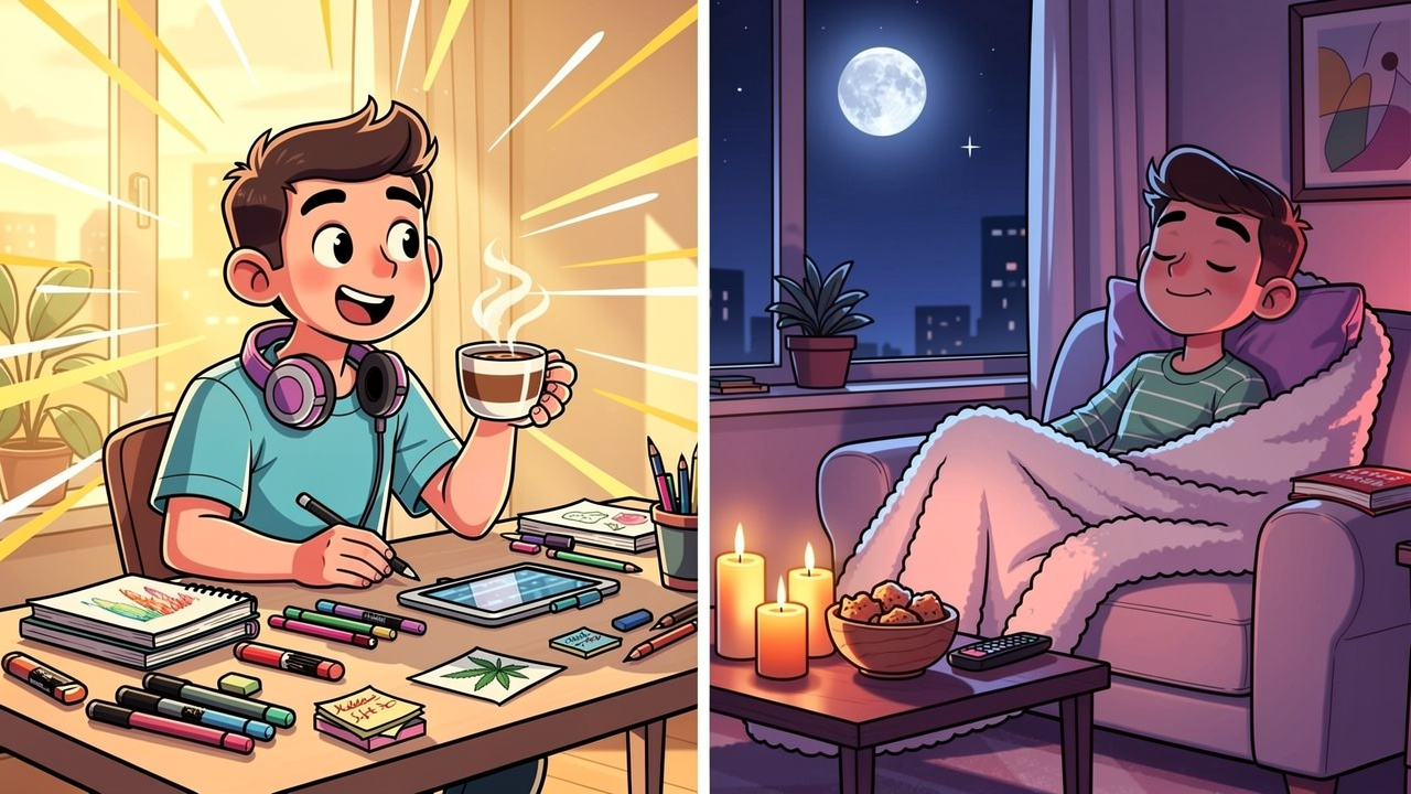 Cartoon character energised in daytime versus relaxed in evening