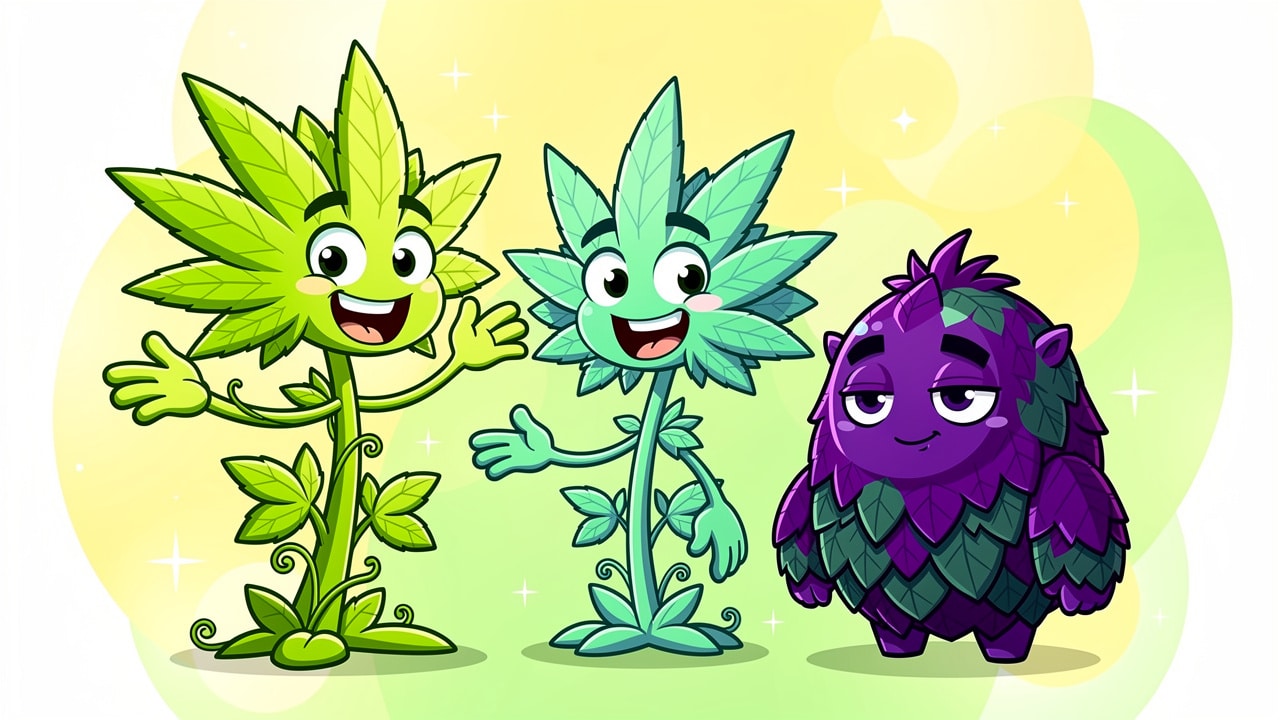 Cartoon Sativa Indica and Hybrid cannabis plant characters