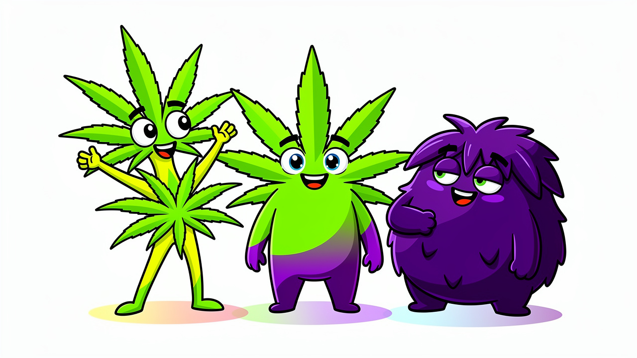 Three cartoon cannabis characters representing sativa indica hybrid