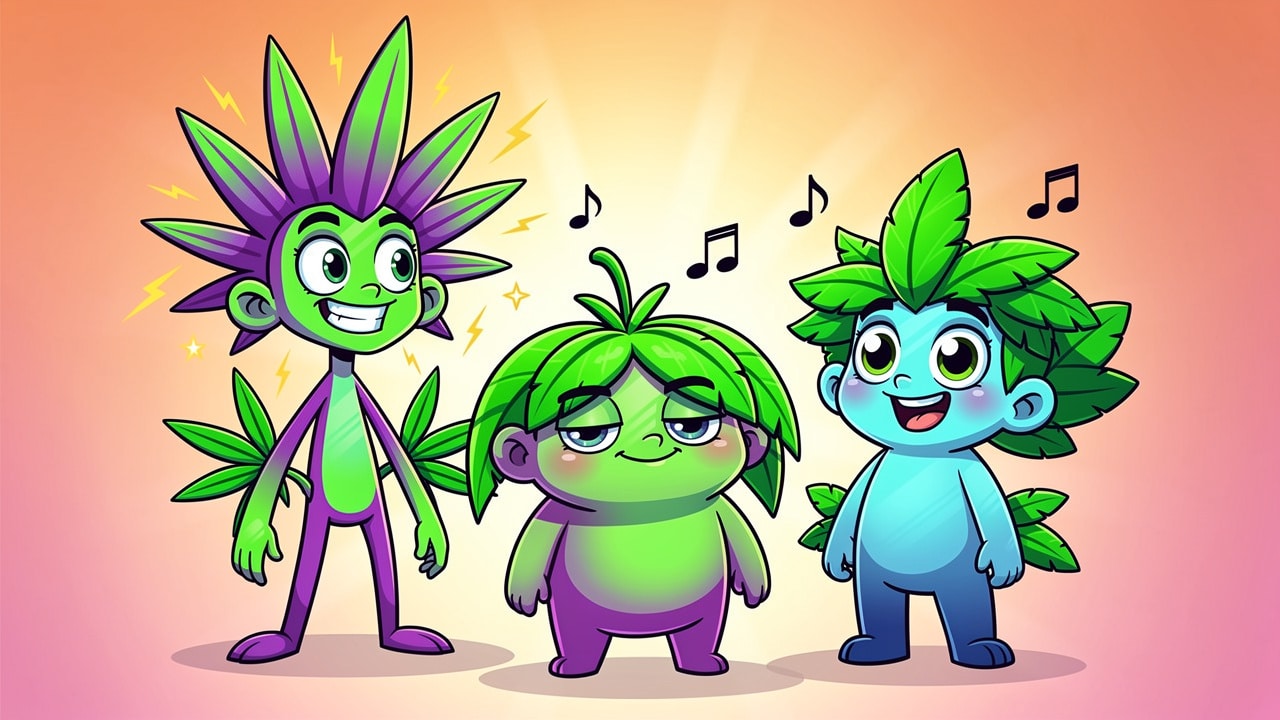 Cartoon Sativa Indica and Hybrid cannabis plant characters