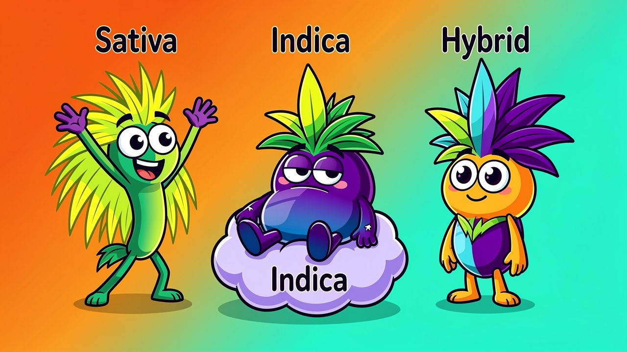 Cartoon Sativa Indica Hybrid cannabis plant characters