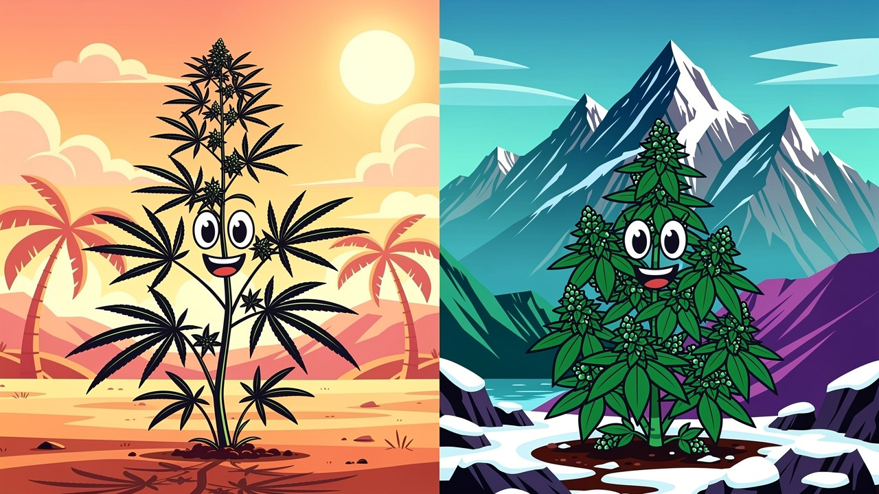 Cartoon sativa plant in tropics beside indica plant in mountains