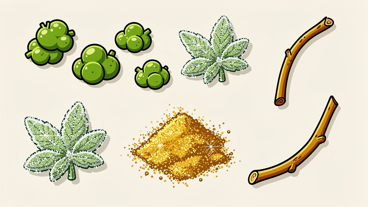 Cartoon showing cannabis shake components including kief and flower