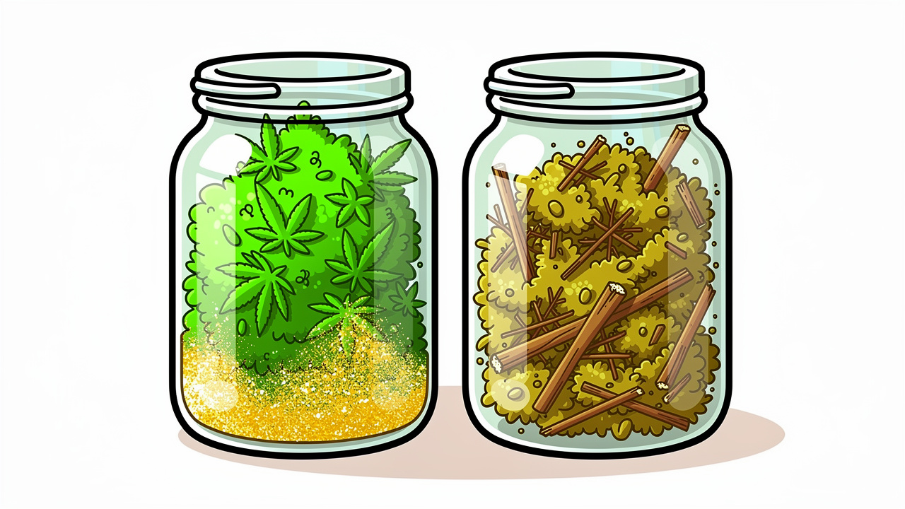Cartoon comparing good and poor quality cannabis shake jars