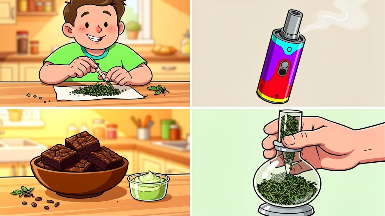 Cartoon showing different ways to use cannabis shake
