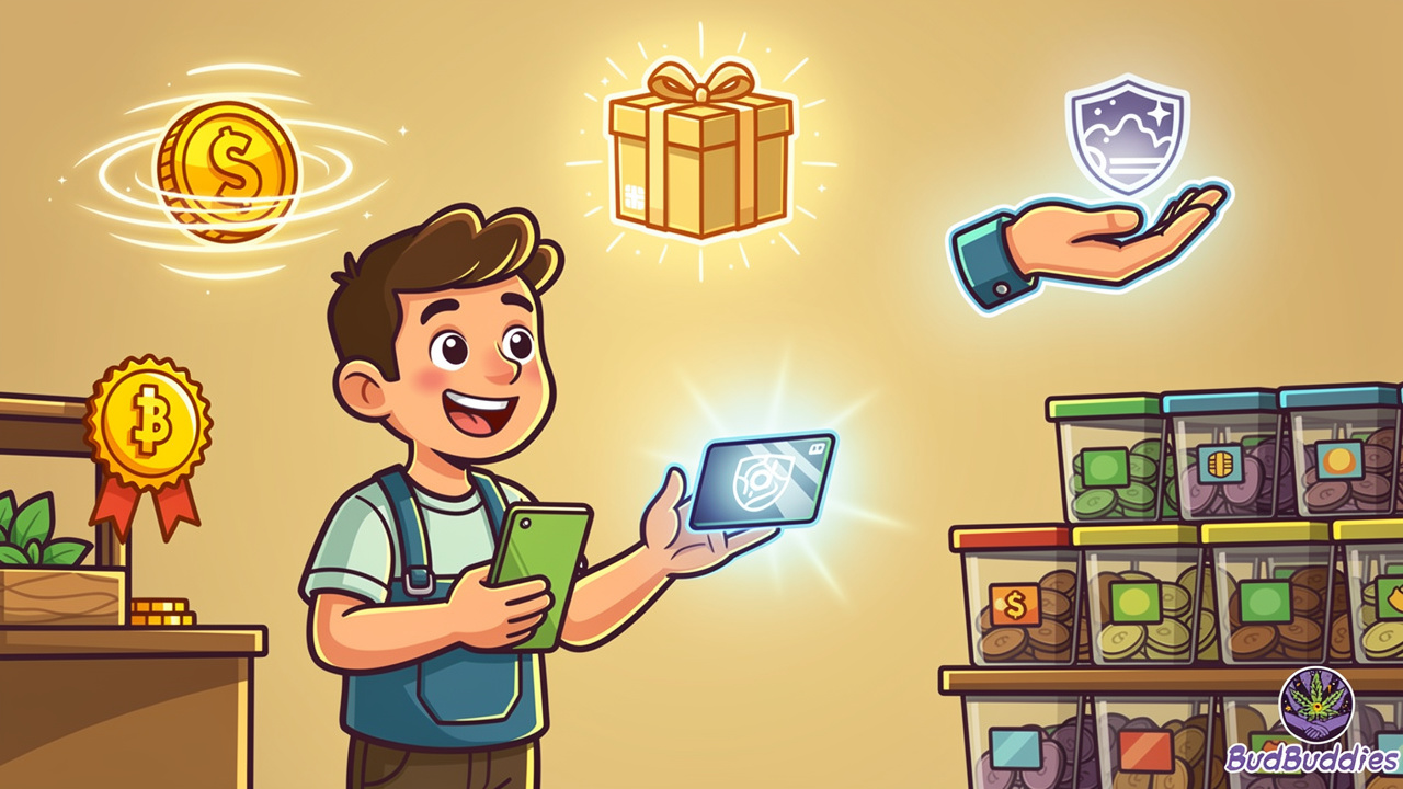 Cartoon shopper surrounded by symbols of value and trusted purchasing