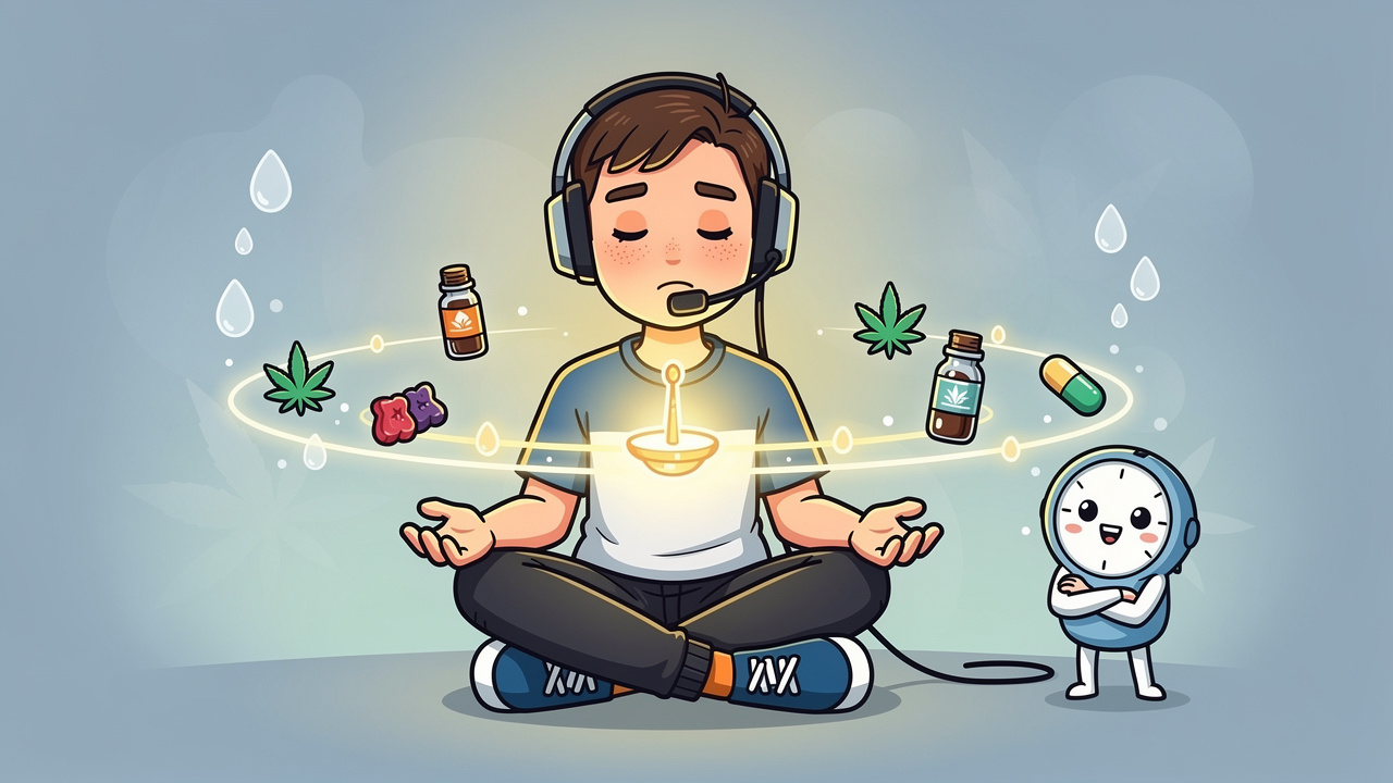 Cartoon character demonstrating smart cannabis dosing for gaming