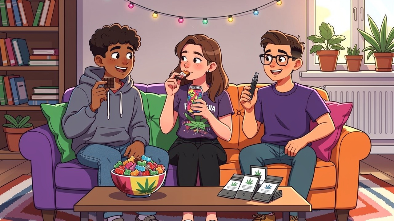 Cartoon students enjoying smoke-free cannabis edibles and vapes in halls
