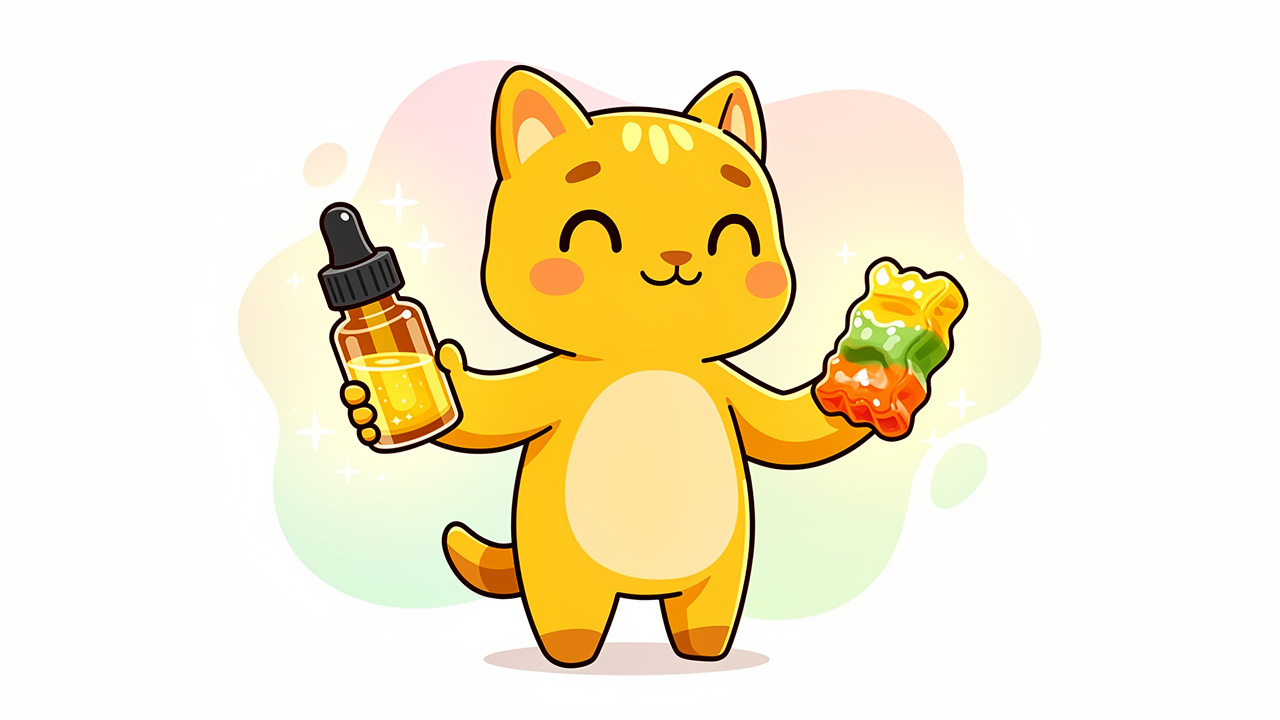 Cartoon character holding tincture bottle and cannabis gummy