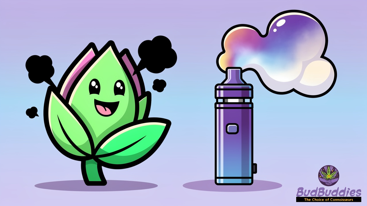 Cartoon comparison of smoking flower versus vaping cannabis methods