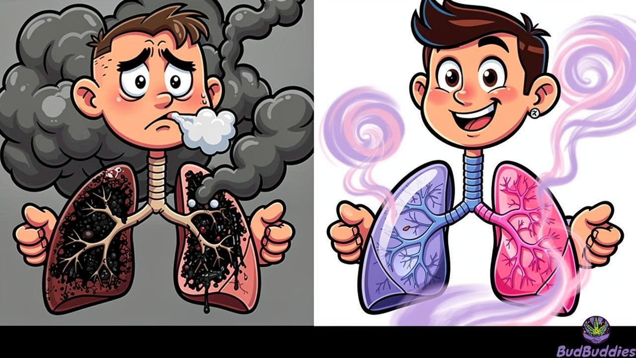 Cartoon comparison of harmful smoke versus clean vapour effects