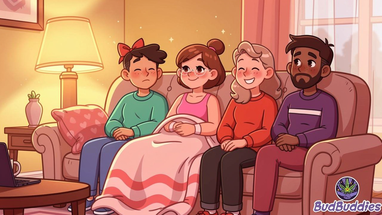 Cartoon showing person surrounded by supportive friends in comfortable home setting