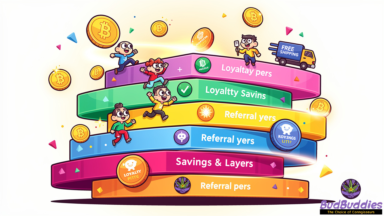 Animated illustration showing layered discount and loyalty reward system visually stacking