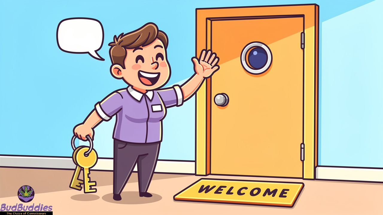 Cartoon accommodation staff knocking politely on a student room door