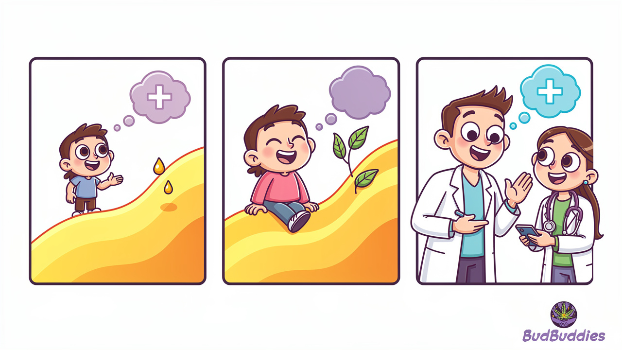 Cartoon sequence illustrating the start low, go slow dosing approach