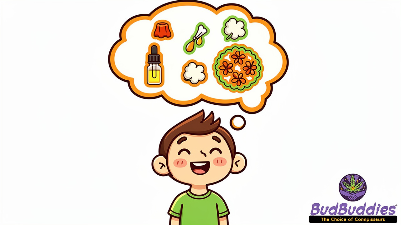 Animated character learning about dosage principles for cannabis products