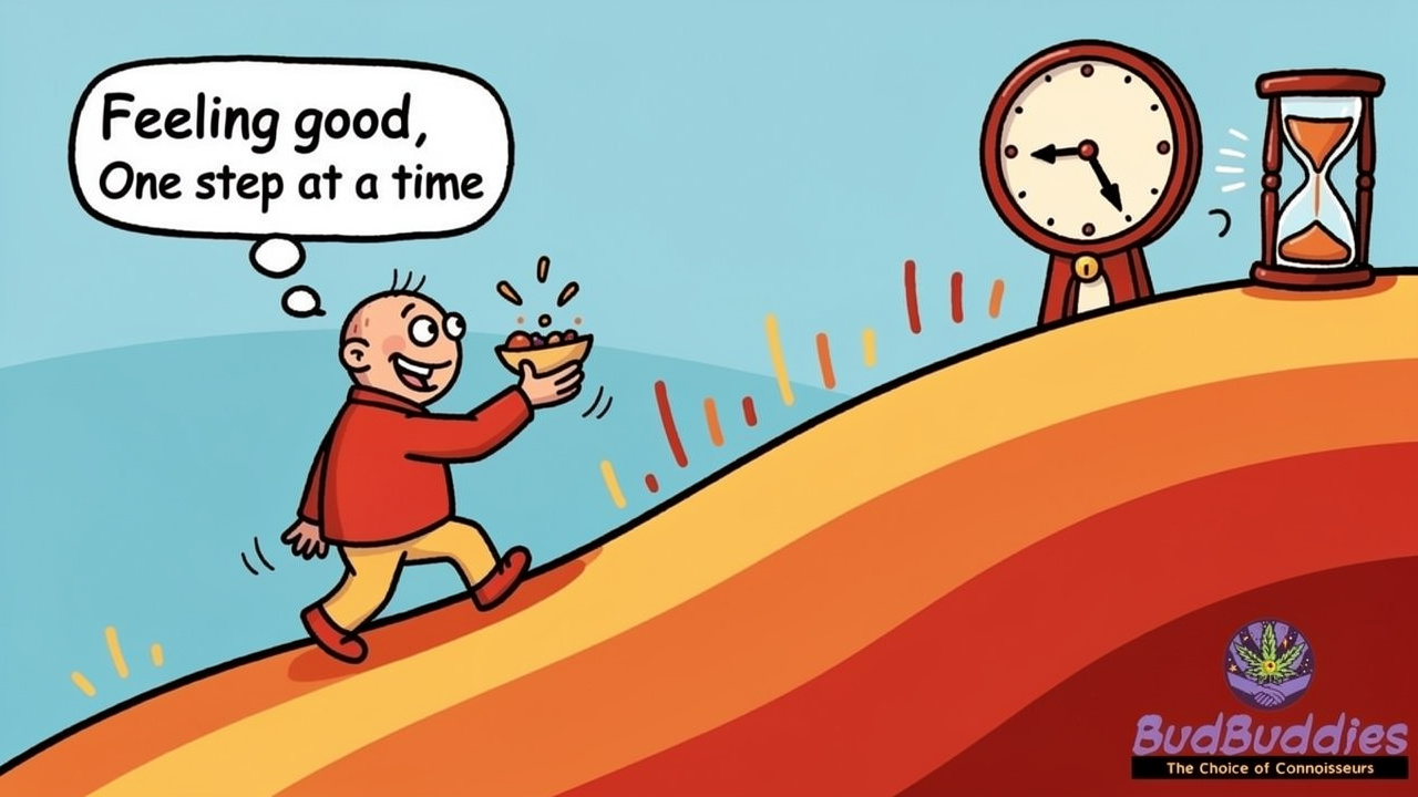 Character taking small steps upward demonstrating gradual, patient progression
