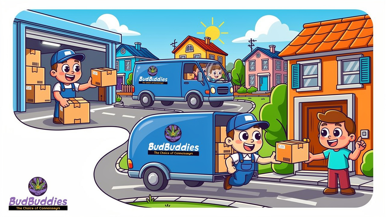 Cartoon illustration of delivery journey from warehouse to doorstep