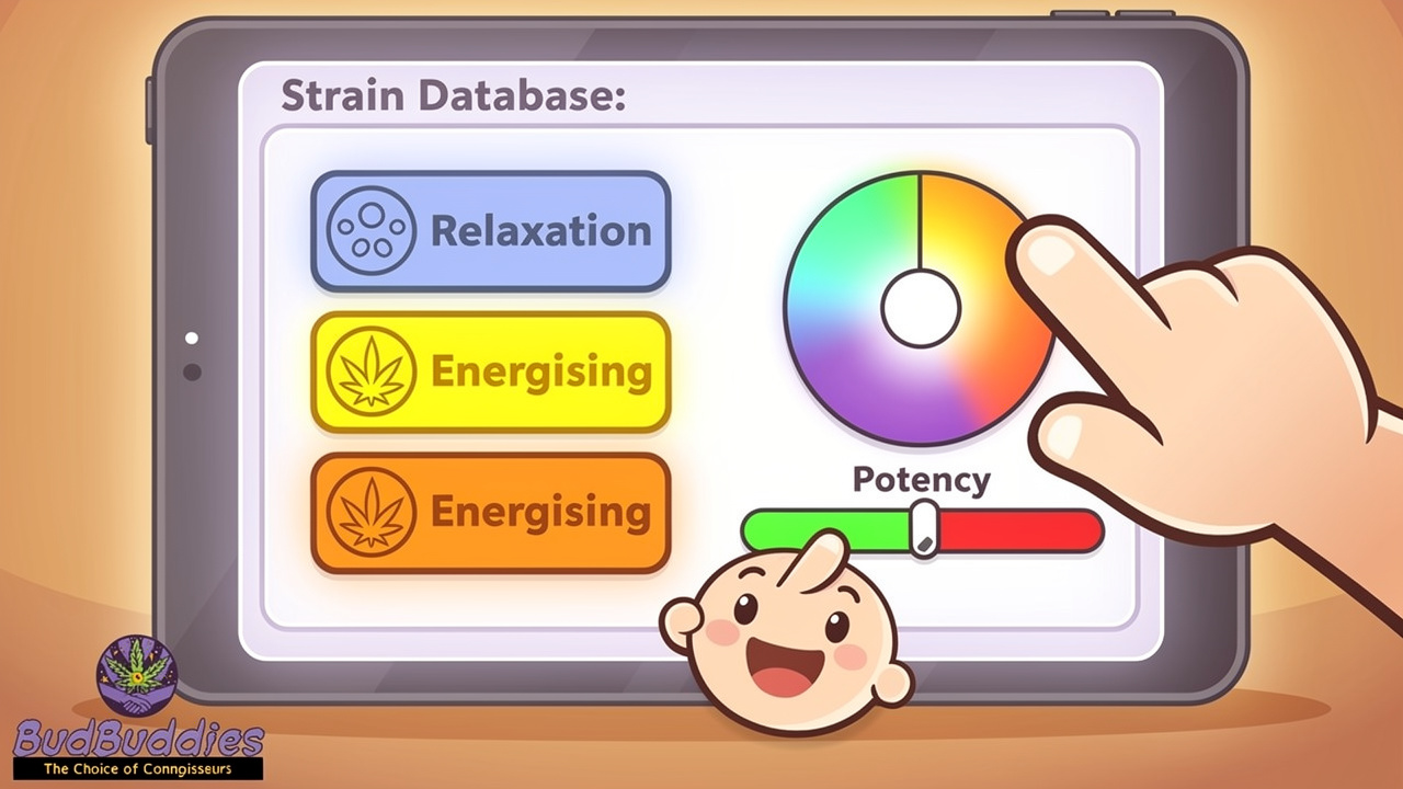 Colourful cartoon interface for searching cannabis strains