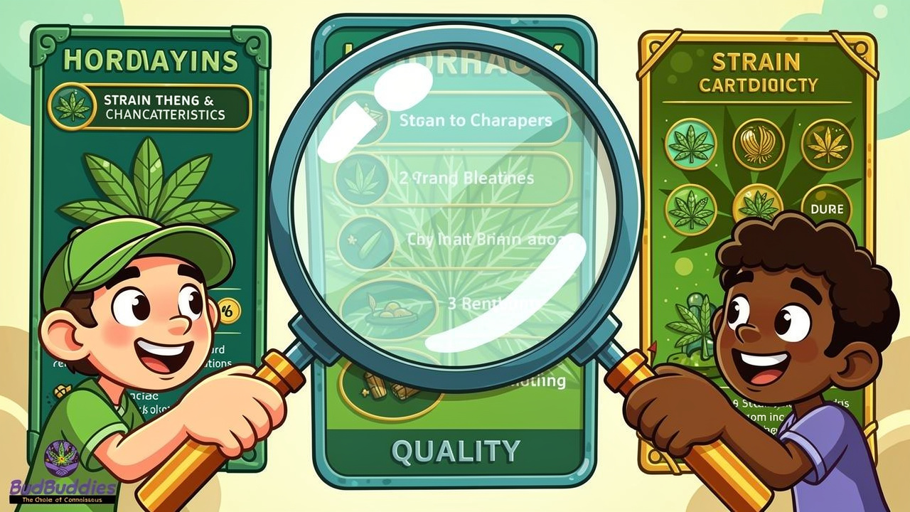 Cartoon characters examining detailed product information and strain characteristics