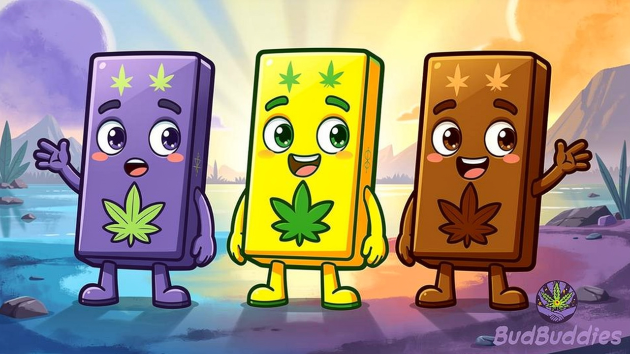 Cartoon characters representing indica, sativa, and hybrid cannabis chocolate effects