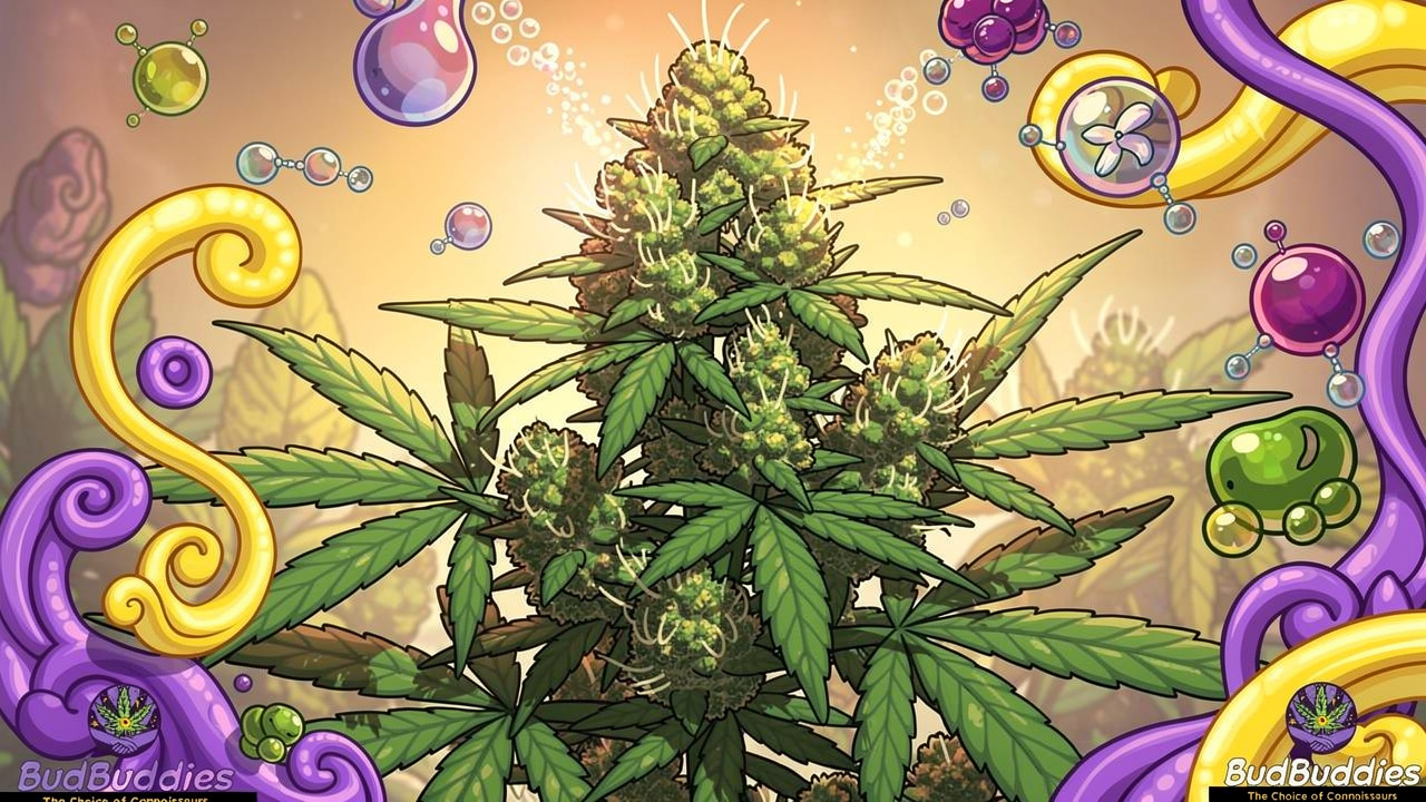 Cartoon illustration of cannabis flower with terpene elements